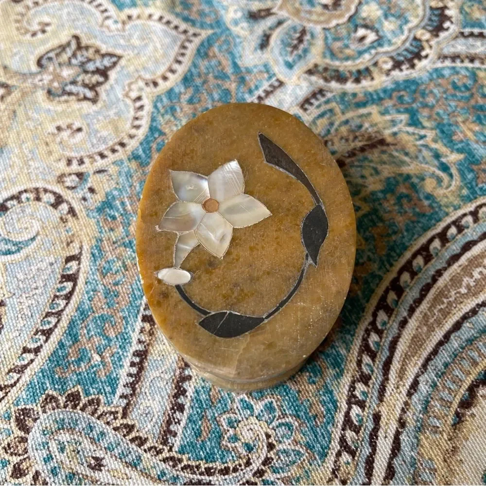 Carved Soapstone Trinket Box Mother of Pearl Inlay Oval Lattice Vintage